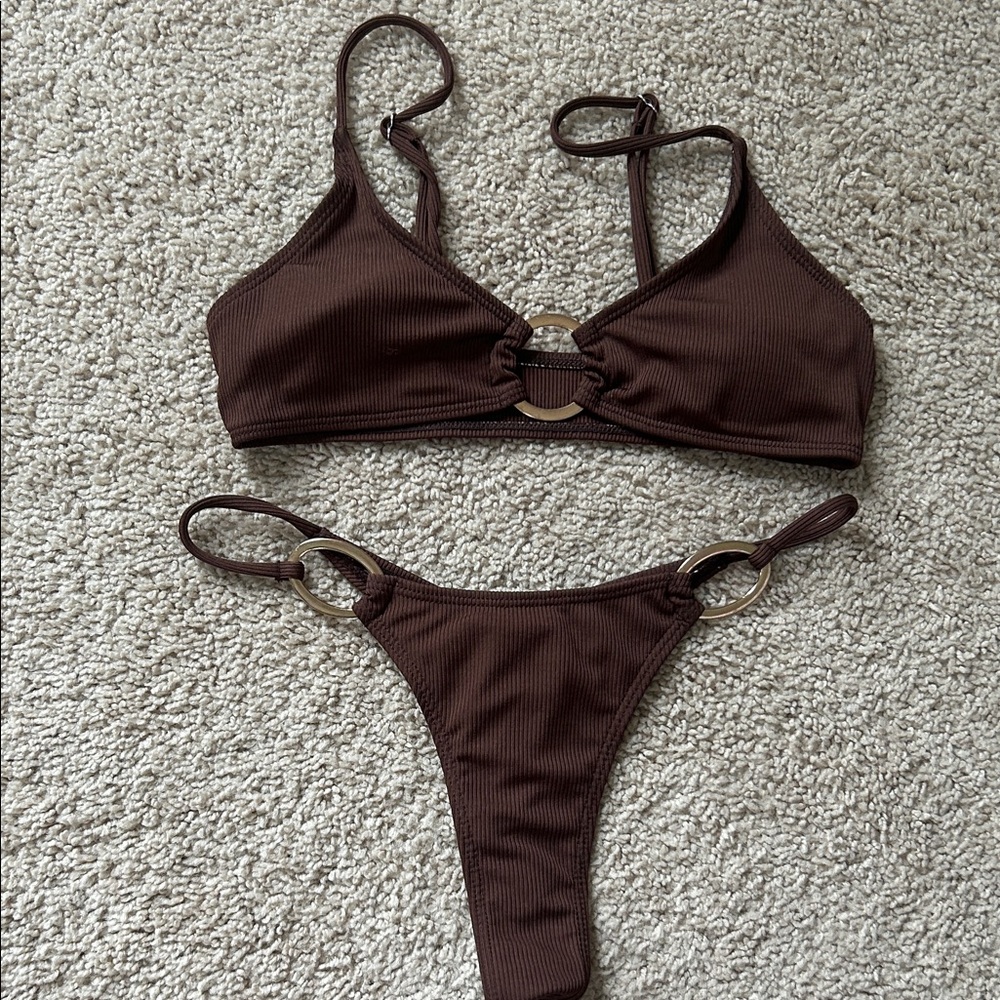 SHEIN ruched thong Brown Bikini Set XS